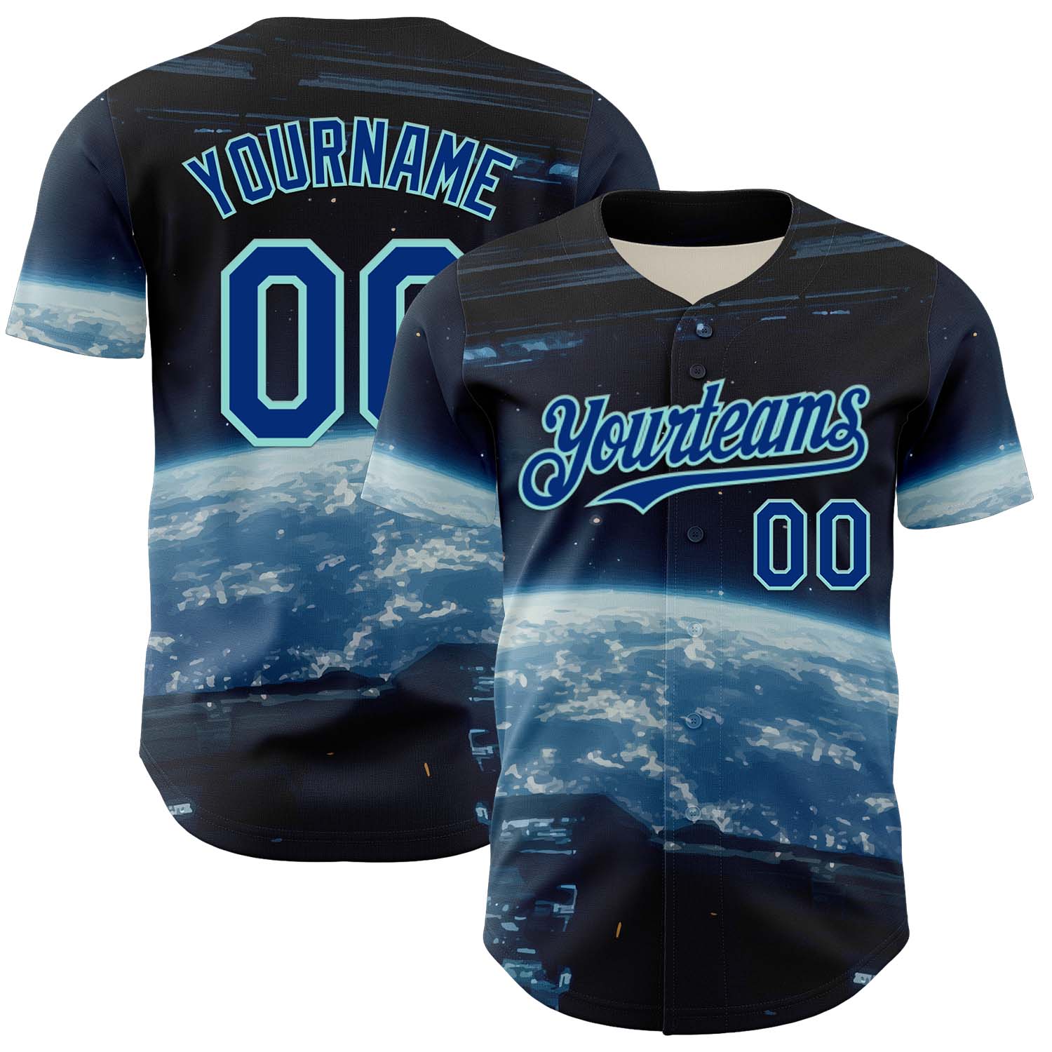 Custom Black Royal-Ice Blue 3D Pattern Design Outer Space Starships Authentic Baseball Jersey - Main View