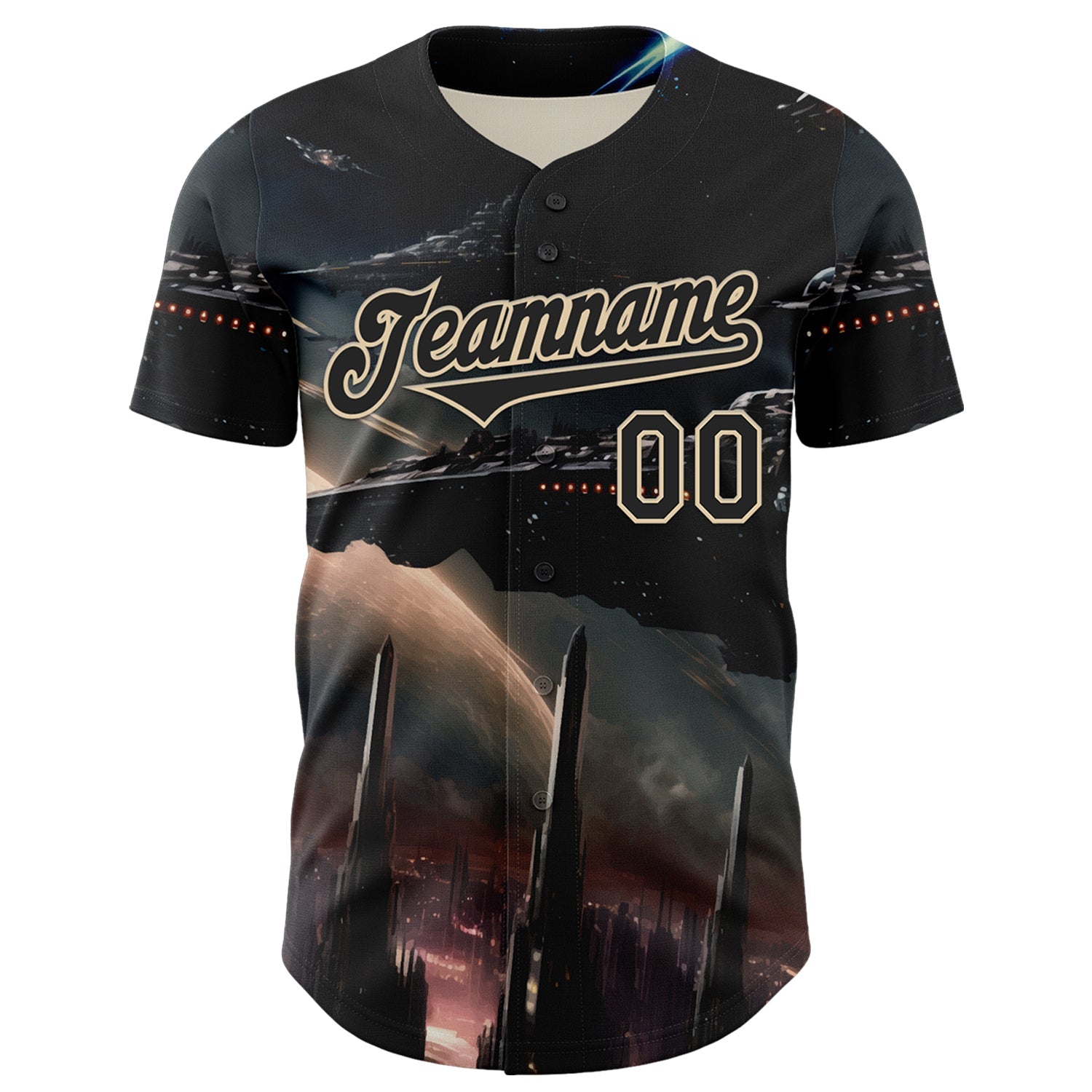 Custom Black City Cream 3D Pattern Design Outer Space Starships Authentic Baseball Jersey view 2
