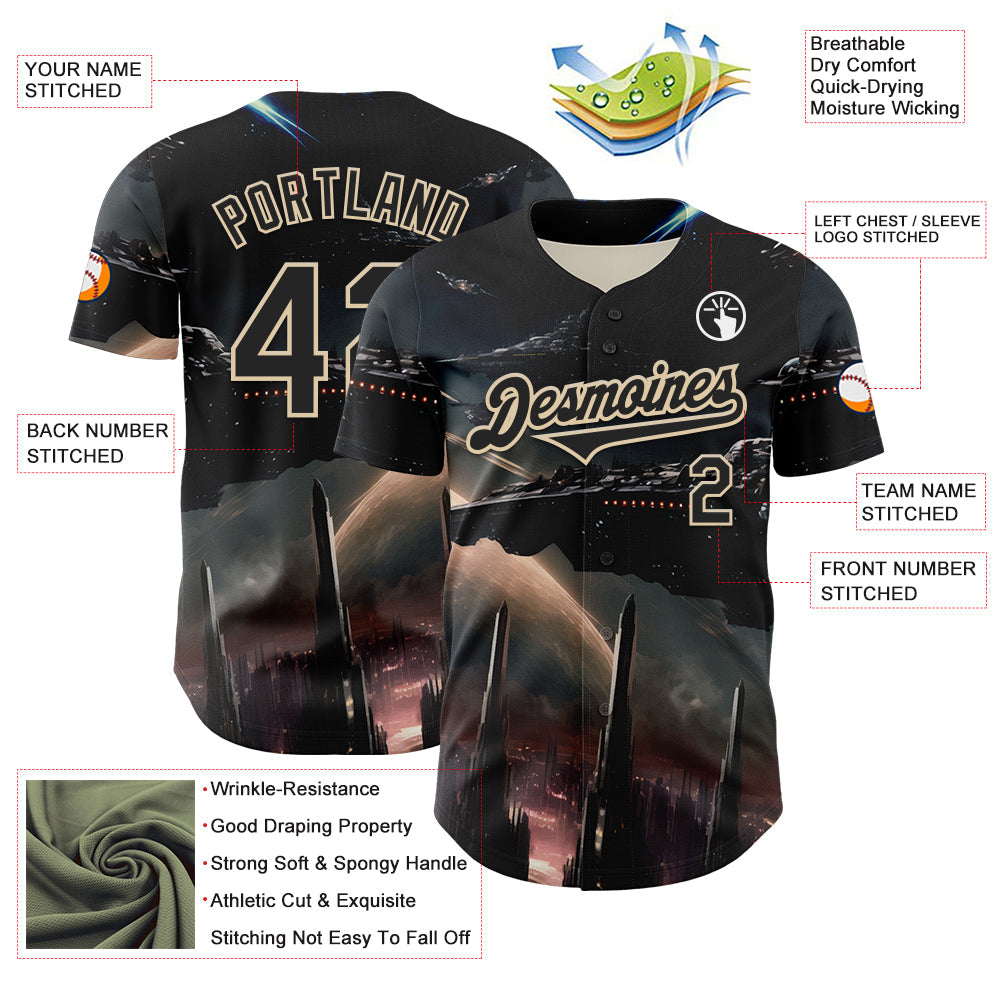 Custom Black City Cream 3D Pattern Design Outer Space Starships Authentic Baseball Jersey view 3