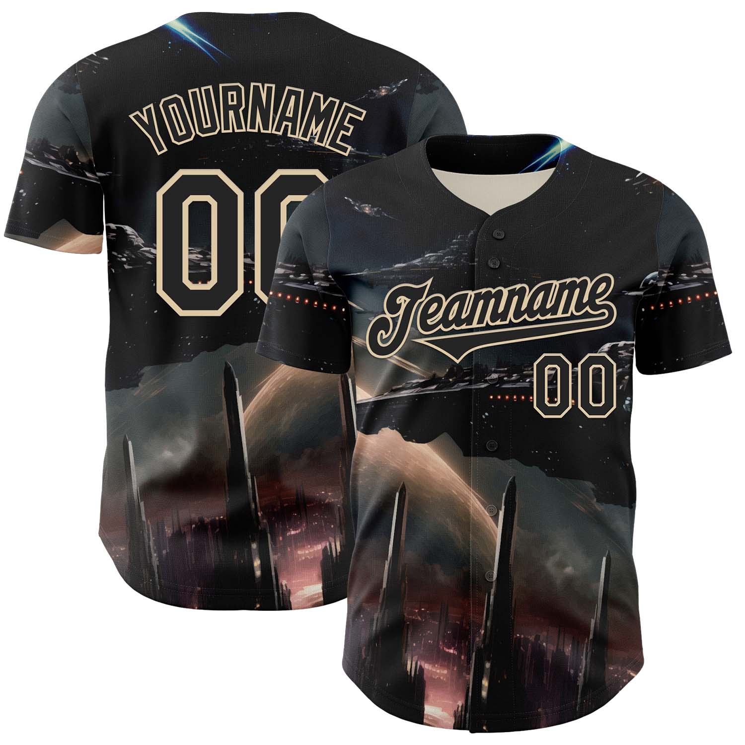 Custom Black City Cream 3D Pattern Design Outer Space Starships Authentic Baseball Jersey - Main View