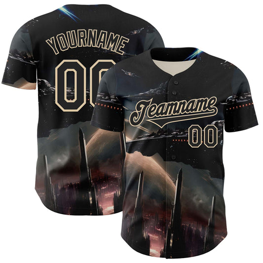 Custom Black City Cream 3D Pattern Design Outer Space Starships Authentic Baseball Jersey - Main View