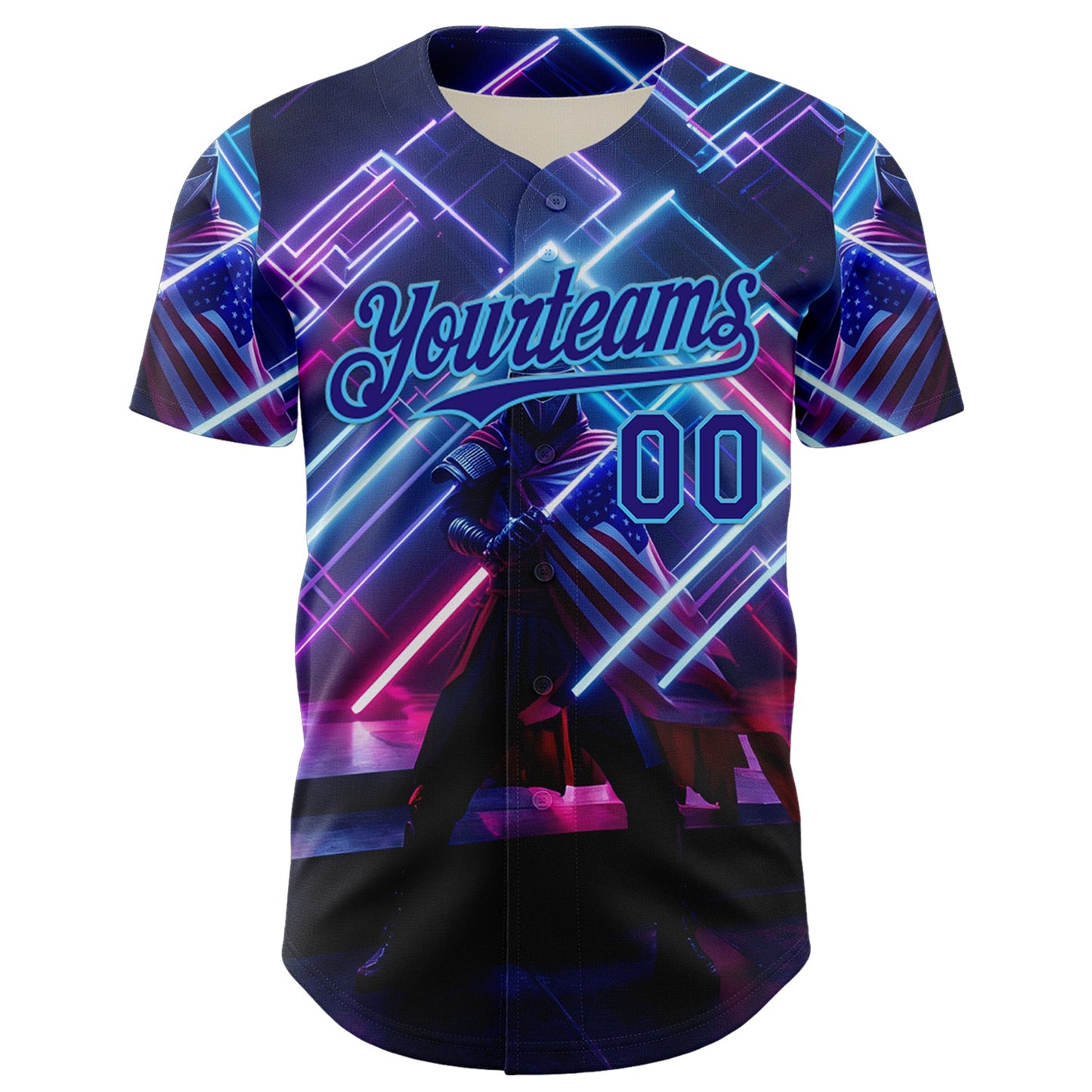 Custom Blue Dark Purple-Sky Blue 3D Pattern Design Outer Space Light Swords American Flag Authentic Baseball Jersey view 2