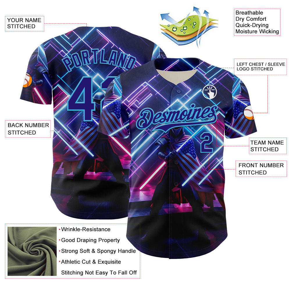 Custom Blue Dark Purple-Sky Blue 3D Pattern Design Outer Space Light Swords American Flag Authentic Baseball Jersey view 3