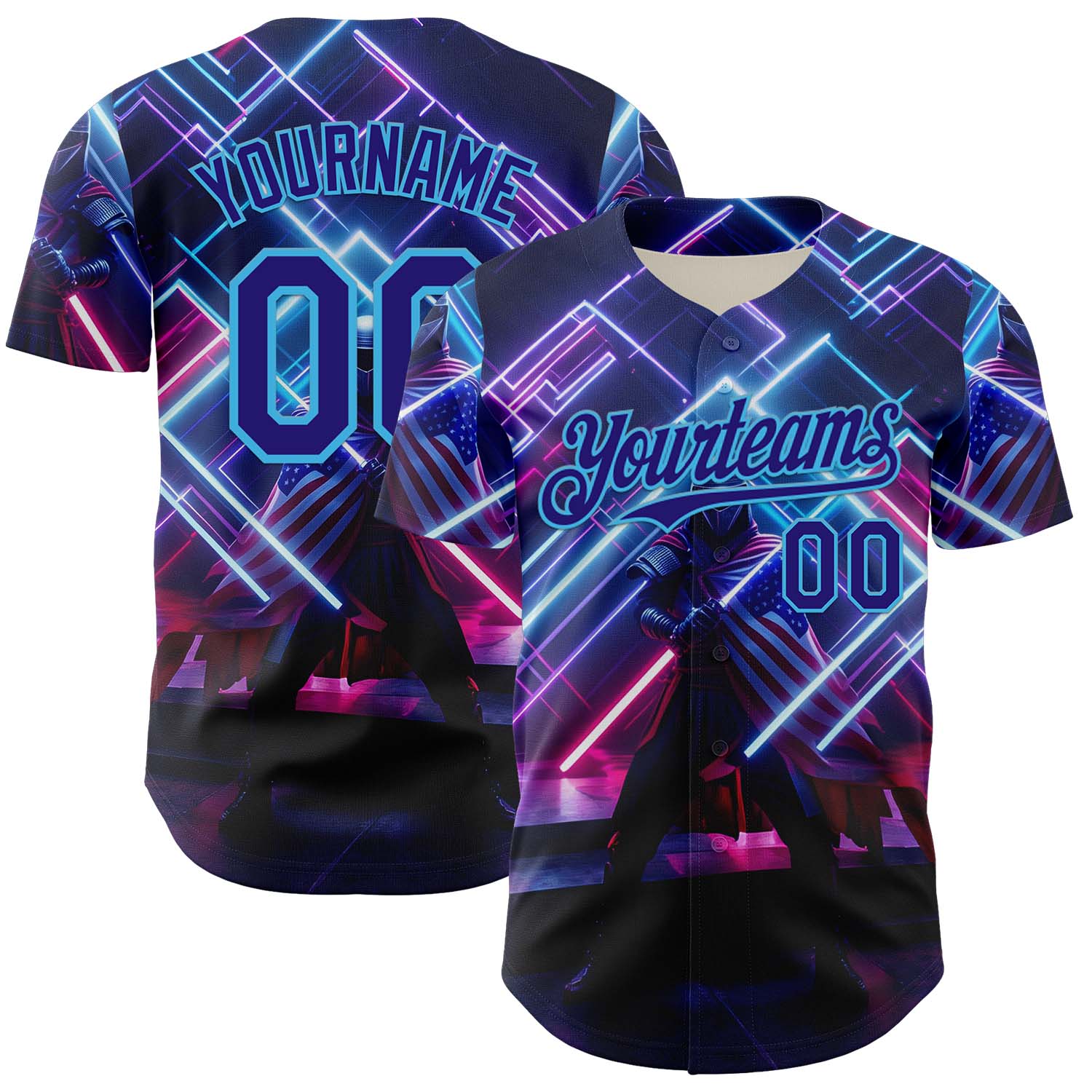 Custom Blue Dark Purple-Sky Blue 3D Pattern Design Outer Space Light Swords American Flag Authentic Baseball Jersey - Main View