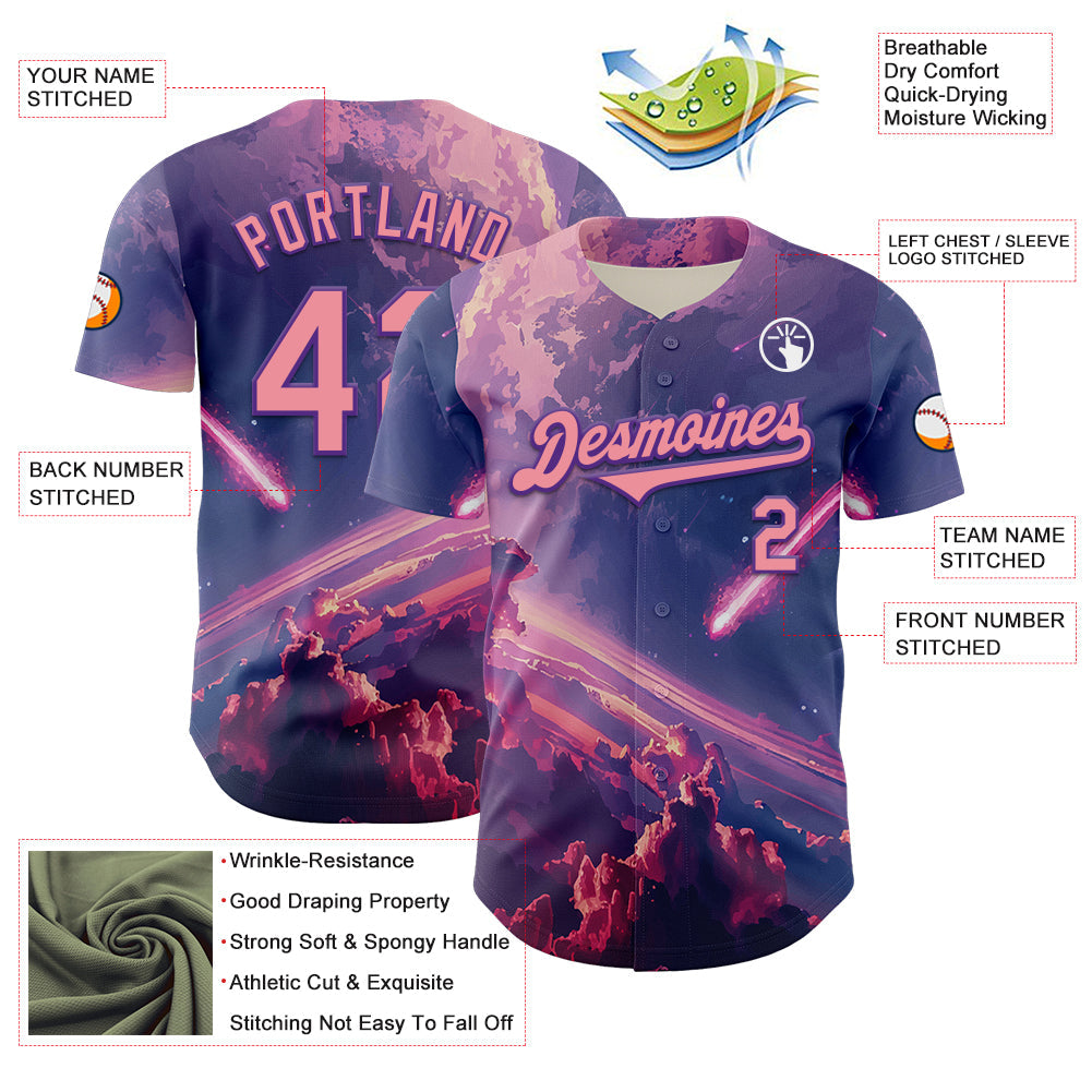 Custom Purple Medium Pink 3D Pattern Design Outer Space Authentic Baseball Jersey view 3