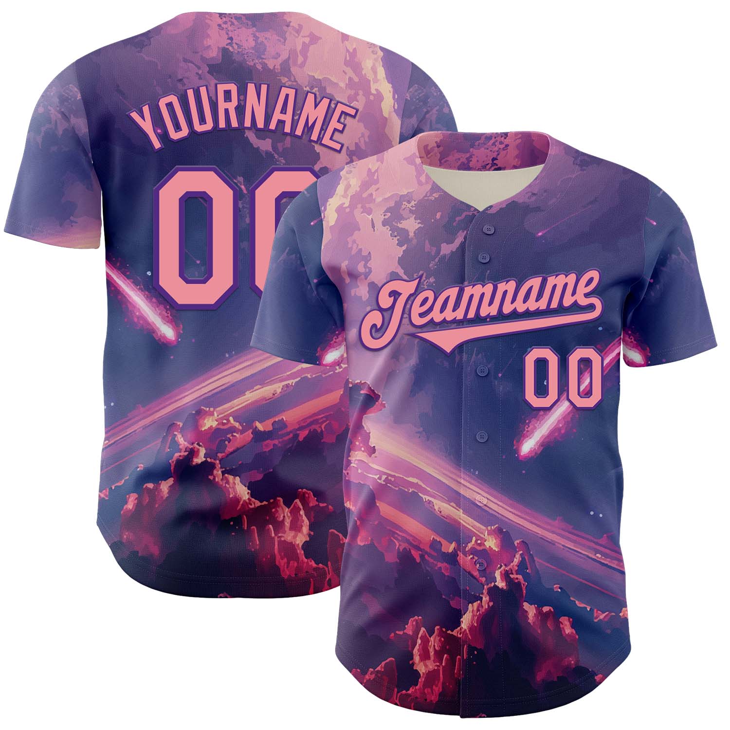 Custom Purple Medium Pink 3D Pattern Design Outer Space Authentic Baseball Jersey - Main View