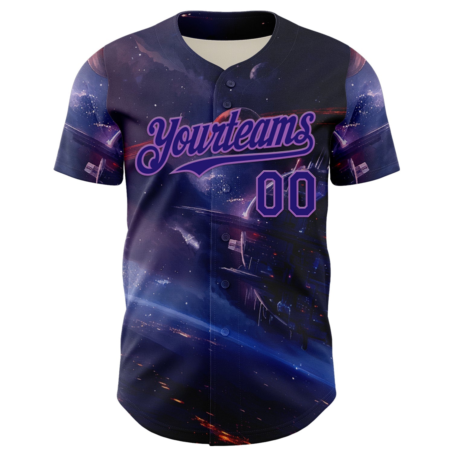 Custom Blue Dark Purple-Medium Purple 3D Pattern Design Outer Space Starships Authentic Baseball Jersey view 2