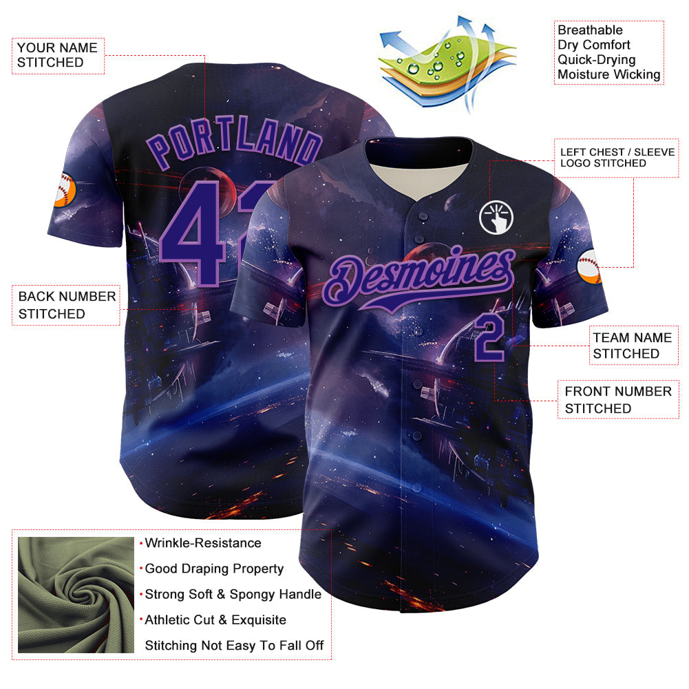 Custom Blue Dark Purple-Medium Purple 3D Pattern Design Outer Space Starships Authentic Baseball Jersey view 3