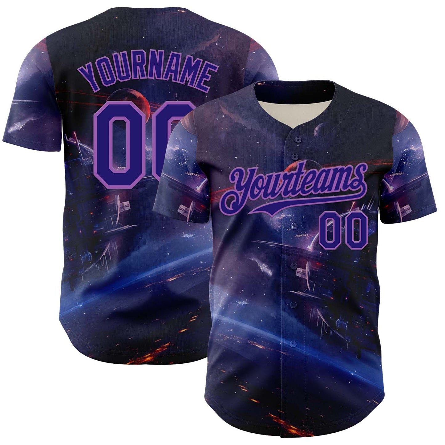 Custom Blue Dark Purple-Medium Purple 3D Pattern Design Outer Space Starships Authentic Baseball Jersey - Main View