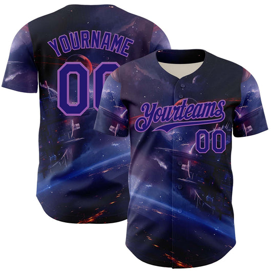 Custom Blue Dark Purple-Medium Purple 3D Pattern Design Outer Space Starships Authentic Baseball Jersey - Main View