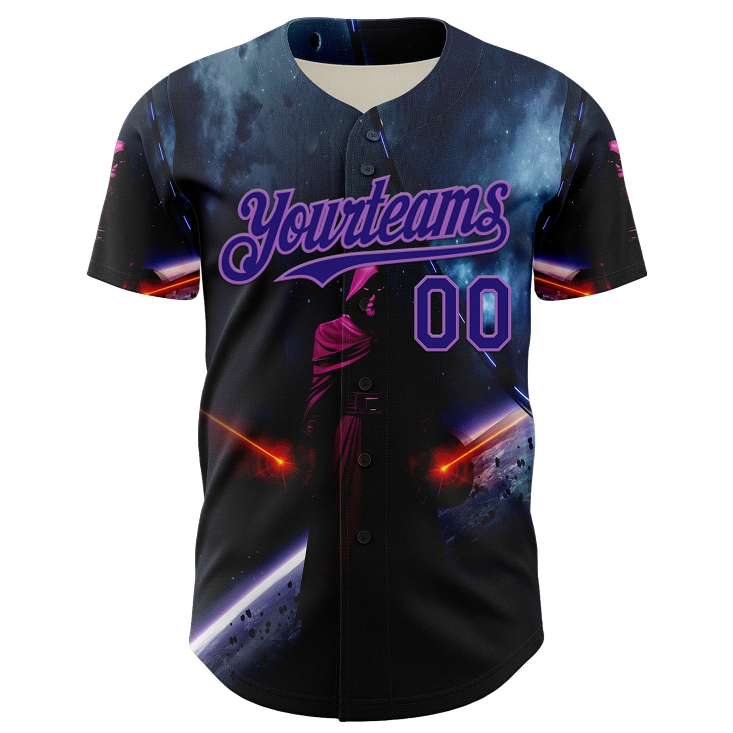 Custom Black Dark Purple-Medium Purple 3D Pattern Design Outer Space Light Swords Authentic Baseball Jersey view 2