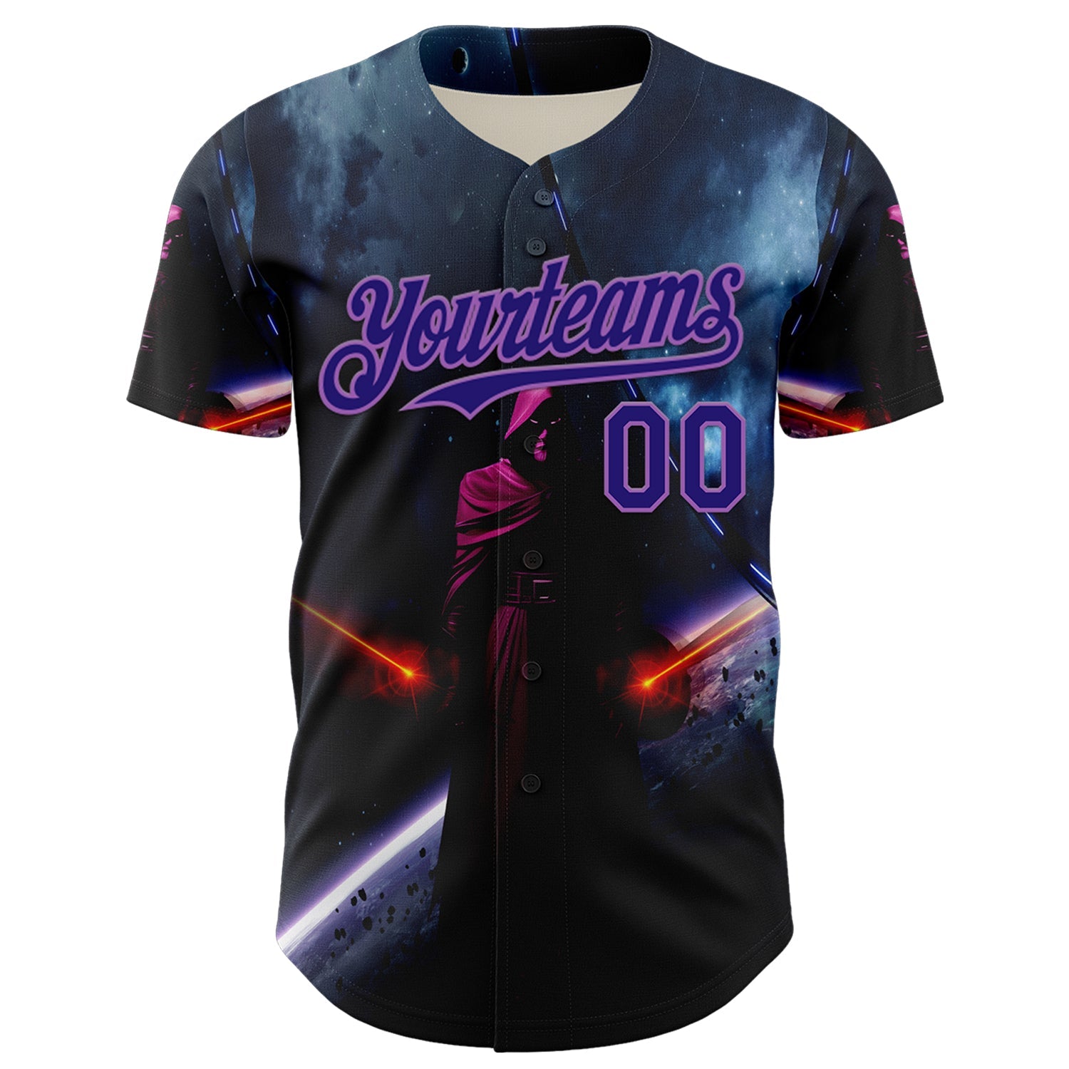 Custom Black Dark Purple-Medium Purple 3D Pattern Design Outer Space Light Swords Authentic Baseball Jersey view 2