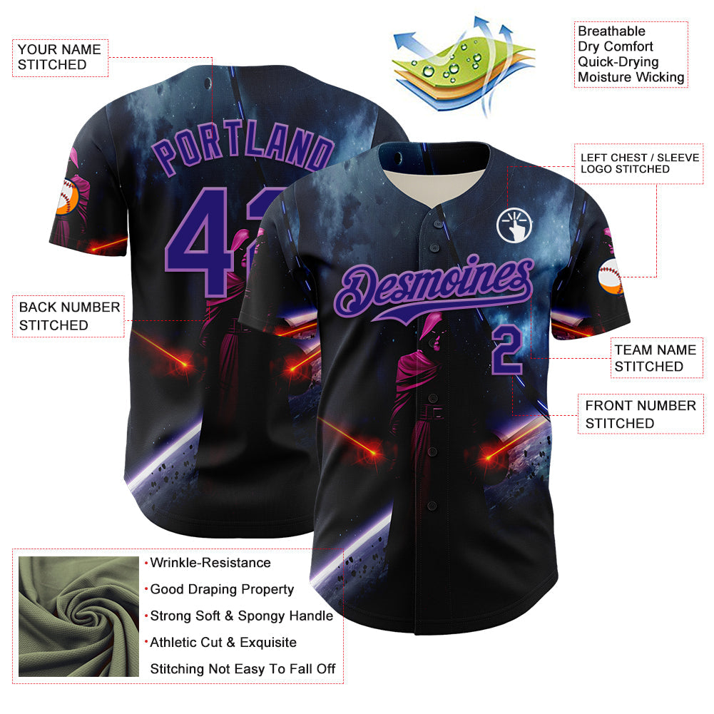 Custom Black Dark Purple-Medium Purple 3D Pattern Design Outer Space Light Swords Authentic Baseball Jersey view 3