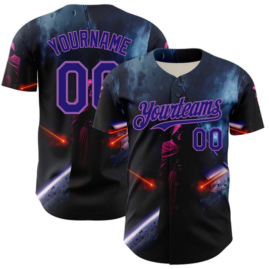 Custom Black Dark Purple-Medium Purple 3D Pattern Design Outer Space Light Swords Authentic Baseball Jersey - Main View