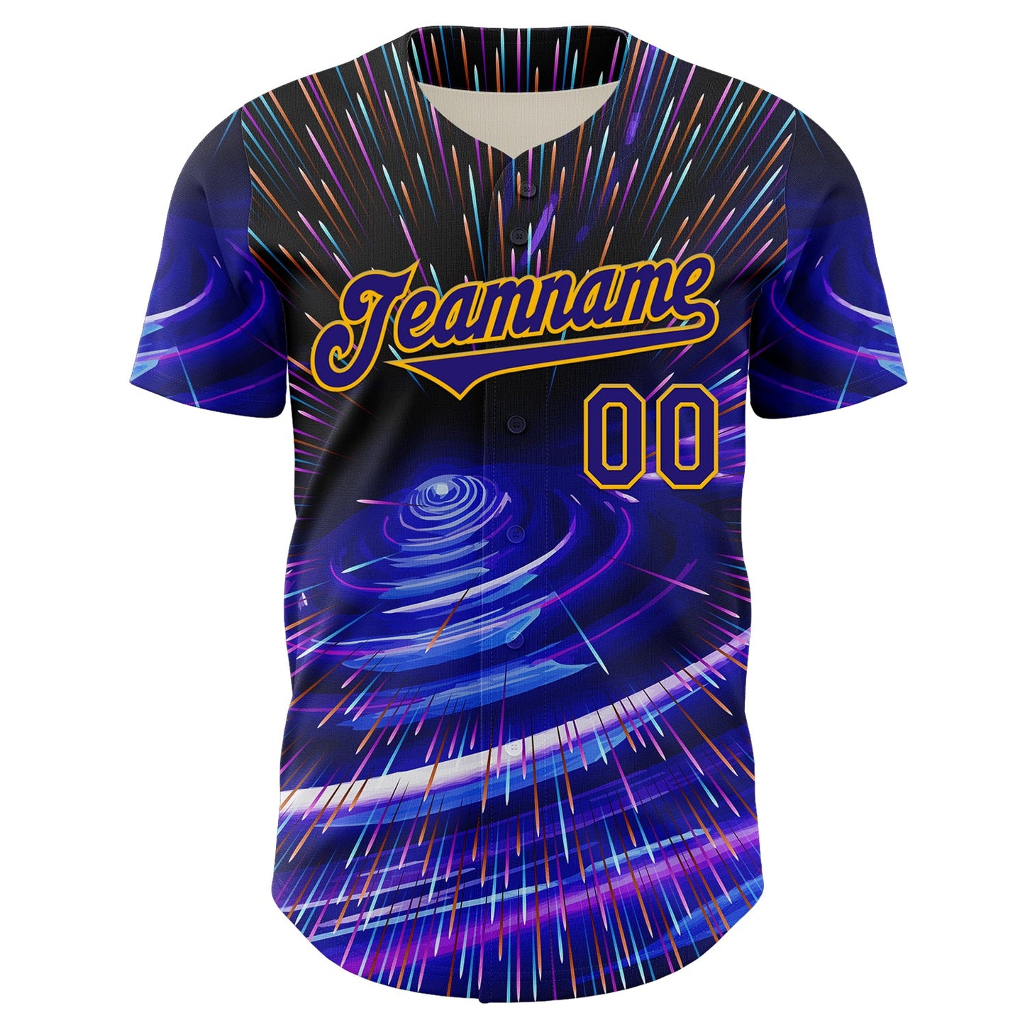Custom Blue Dark Purple-Gold 3D Pattern Design Outer Space Time Travel Authentic Baseball Jersey view 2