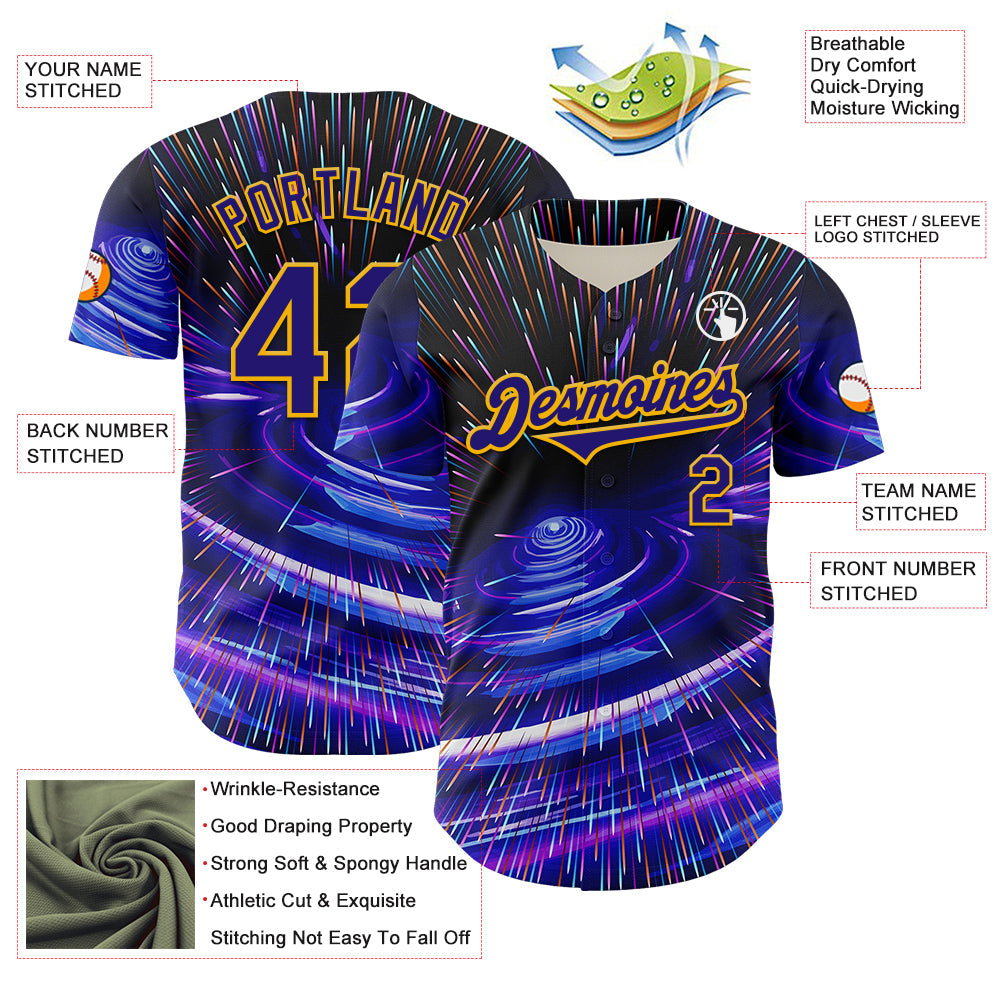 Custom Blue Dark Purple-Gold 3D Pattern Design Outer Space Time Travel Authentic Baseball Jersey view 3