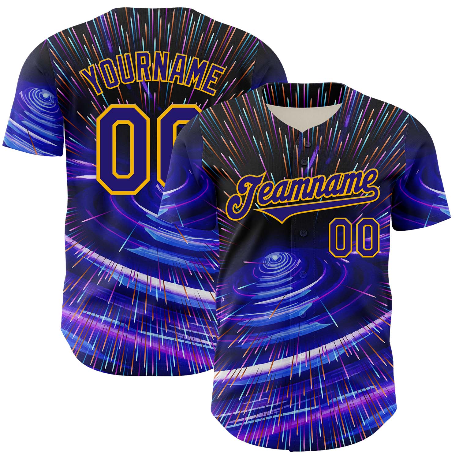 Custom Blue Dark Purple-Gold 3D Pattern Design Outer Space Time Travel Authentic Baseball Jersey - Main View
