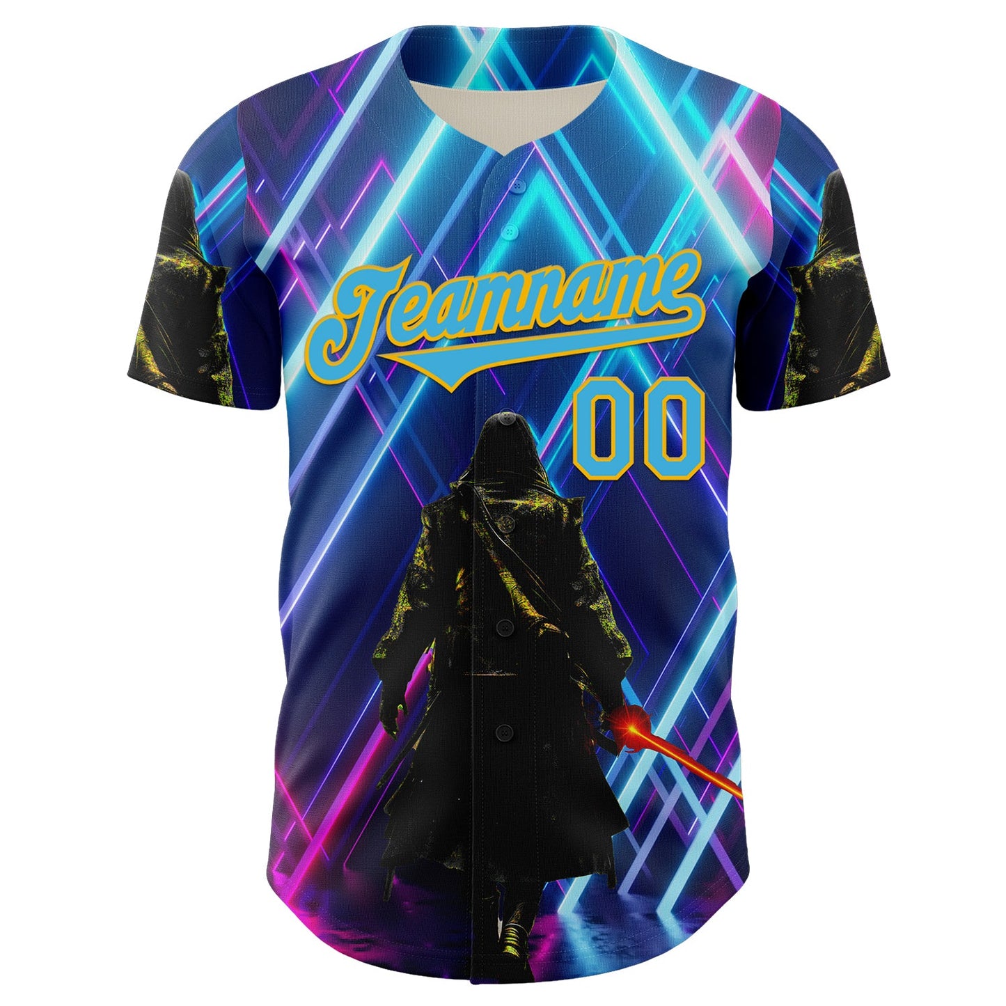 Custom Blue Sky Blue-Gold 3D Pattern Design Outer Space Light Swords Authentic Baseball Jersey view 2
