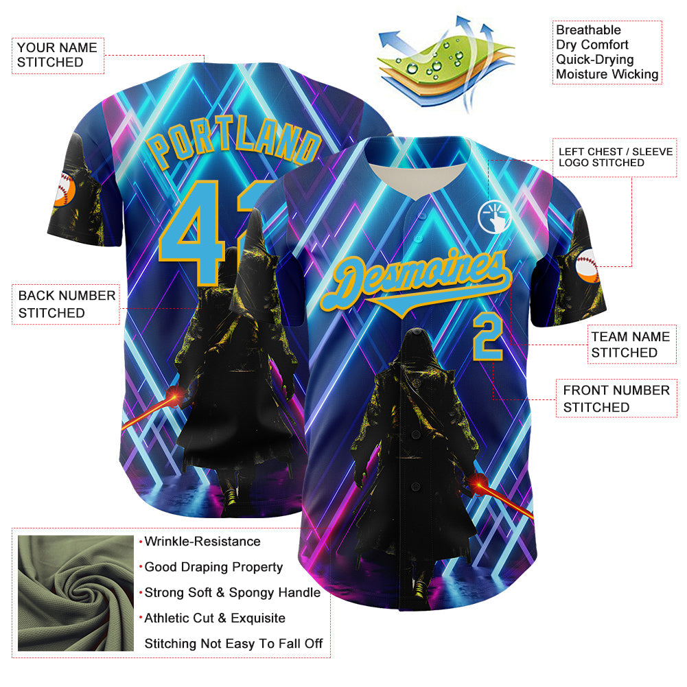 Custom Blue Sky Blue-Gold 3D Pattern Design Outer Space Light Swords Authentic Baseball Jersey view 3