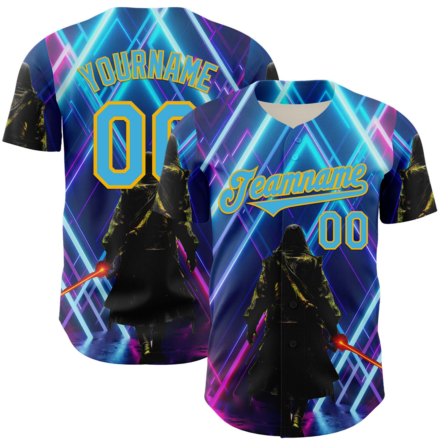 Custom Blue Sky Blue-Gold 3D Pattern Design Outer Space Light Swords Authentic Baseball Jersey - Main View