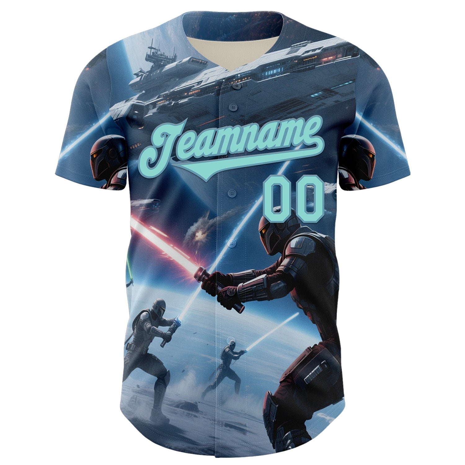 Custom Blue Ice Blue-Shadow Blue 3D Pattern Design Outer Space Light Swords Starships Authentic Baseball Jersey view 2