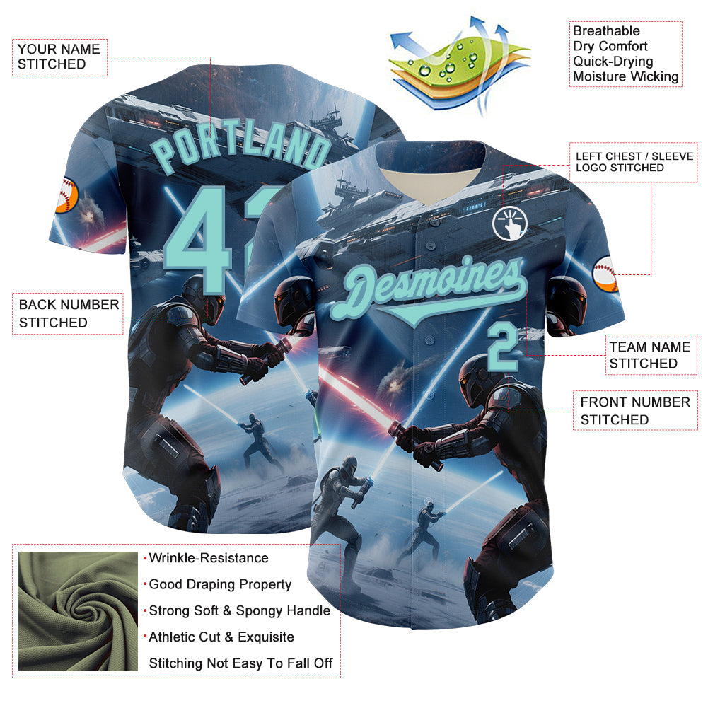 Custom Blue Ice Blue-Shadow Blue 3D Pattern Design Outer Space Light Swords Starships Authentic Baseball Jersey view 3