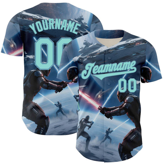 Custom Blue Ice Blue-Shadow Blue 3D Pattern Design Outer Space Light Swords Starships Authentic Baseball Jersey - Main View