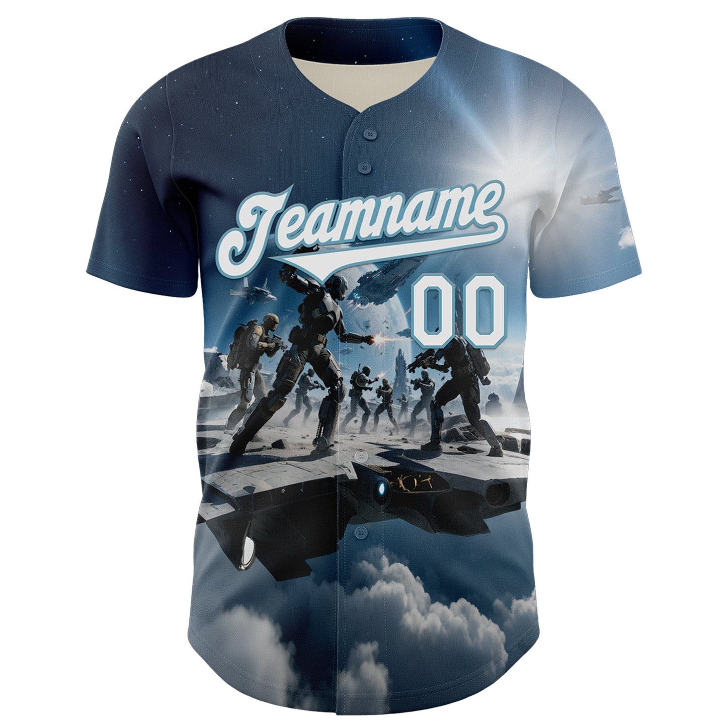 Custom Blue White-Shadow Blue 3D Pattern Design Outer Space Light Swords Authentic Baseball Jersey view 2