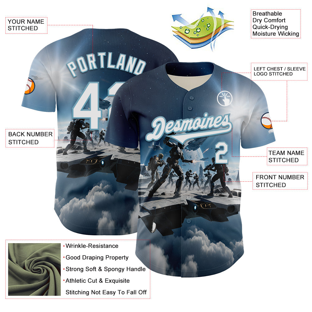 Custom Blue White-Shadow Blue 3D Pattern Design Outer Space Light Swords Authentic Baseball Jersey view 3
