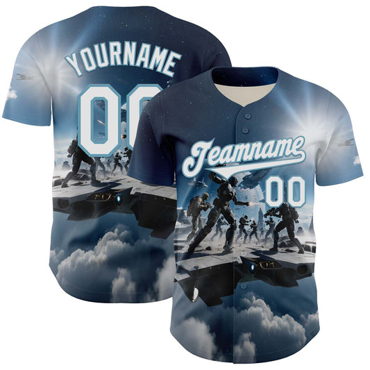 Custom Blue White-Shadow Blue 3D Pattern Design Outer Space Light Swords Authentic Baseball Jersey - Main View