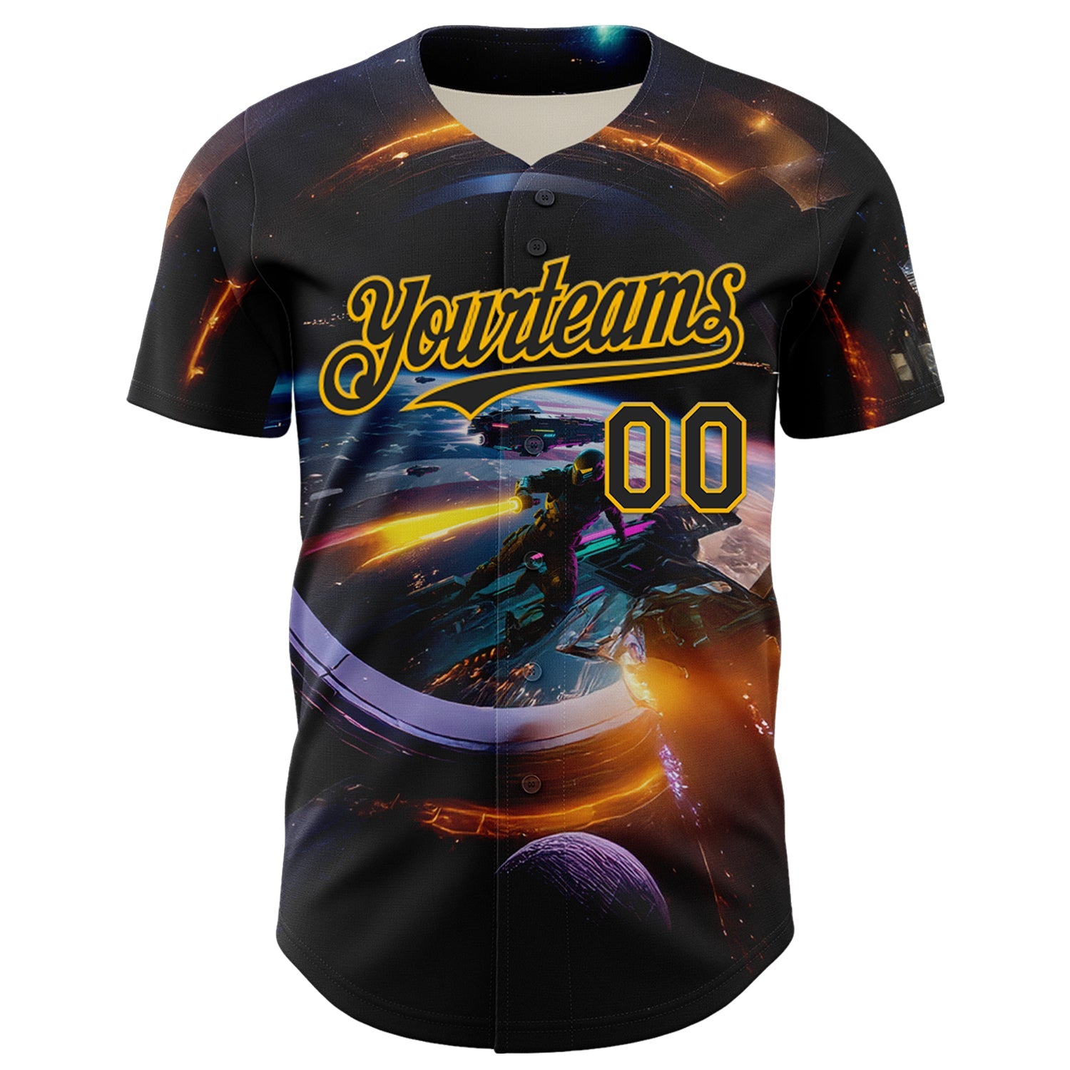 Custom Black Gold 3D Pattern Design Outer Space Light Swords Starships Authentic Baseball Jersey view 2