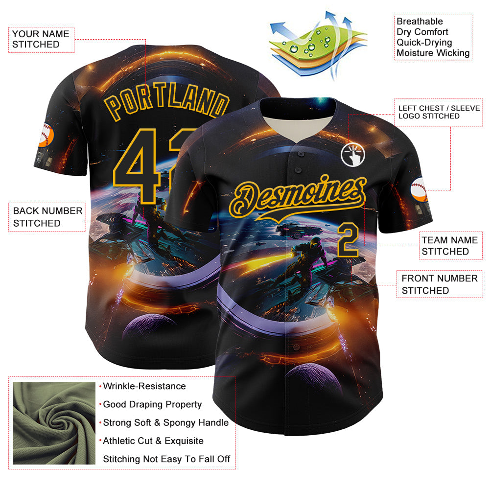 Custom Black Gold 3D Pattern Design Outer Space Light Swords Starships Authentic Baseball Jersey view 3