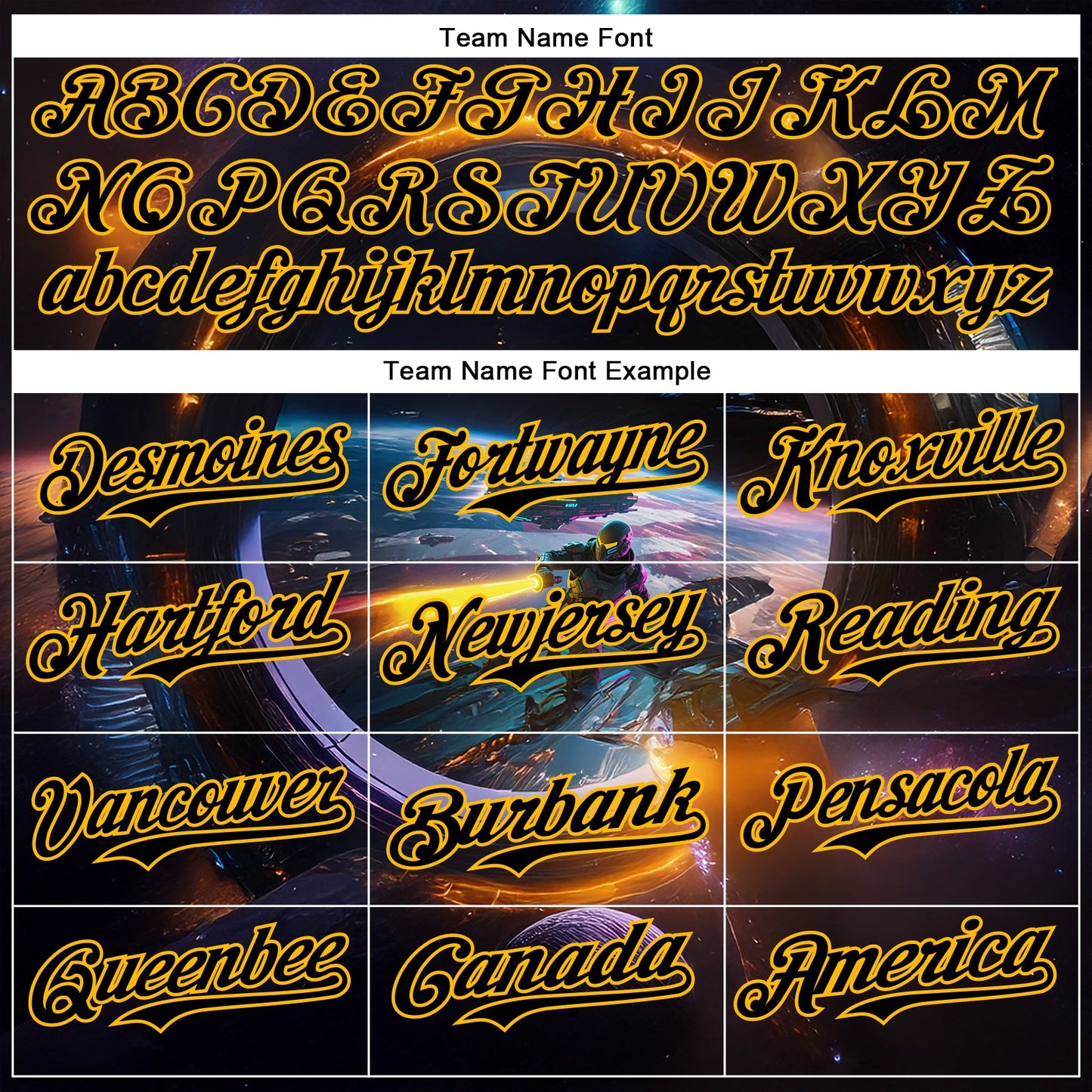 Custom Black Gold 3D Pattern Design Outer Space Light Swords Starships Authentic Baseball Jersey view 4