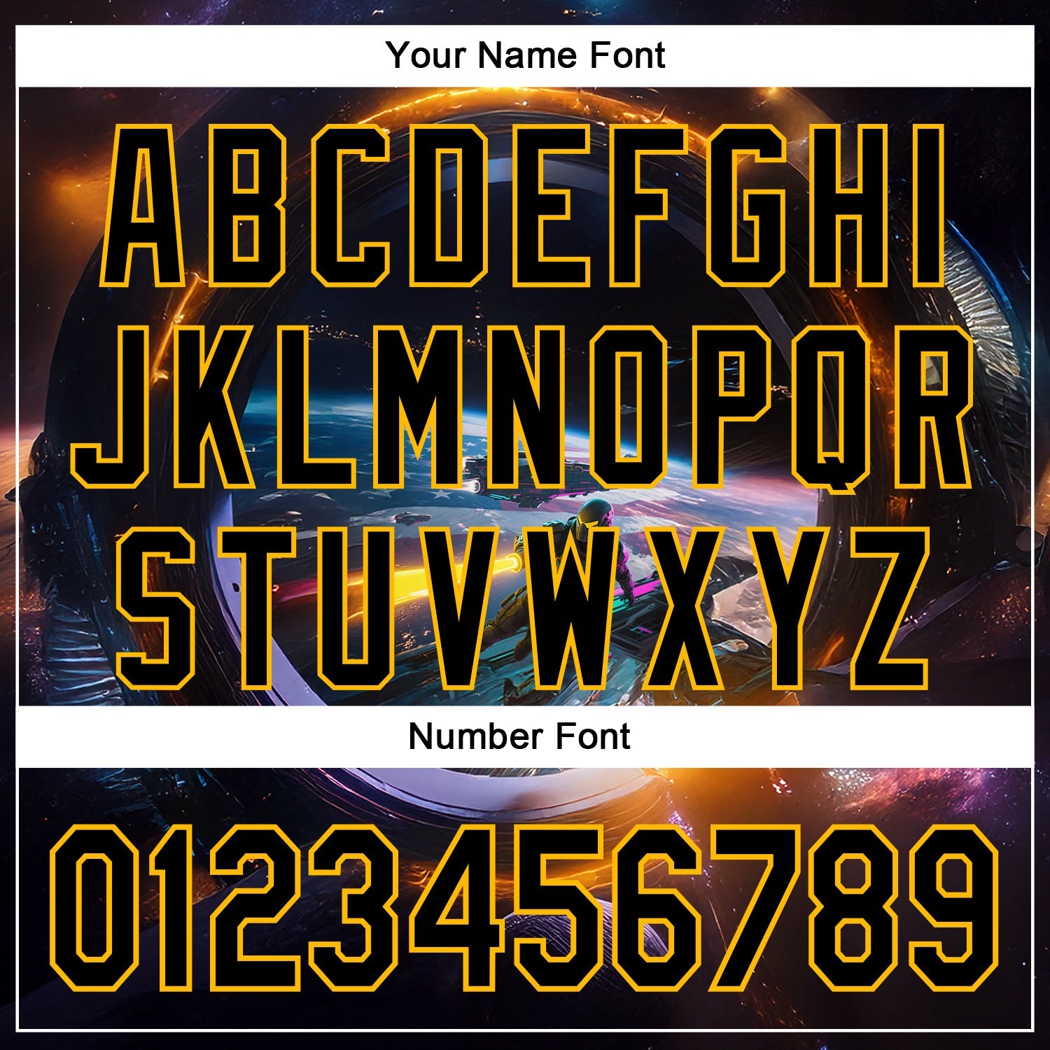 Custom Black Gold 3D Pattern Design Outer Space Light Swords Starships Authentic Baseball Jersey view 5