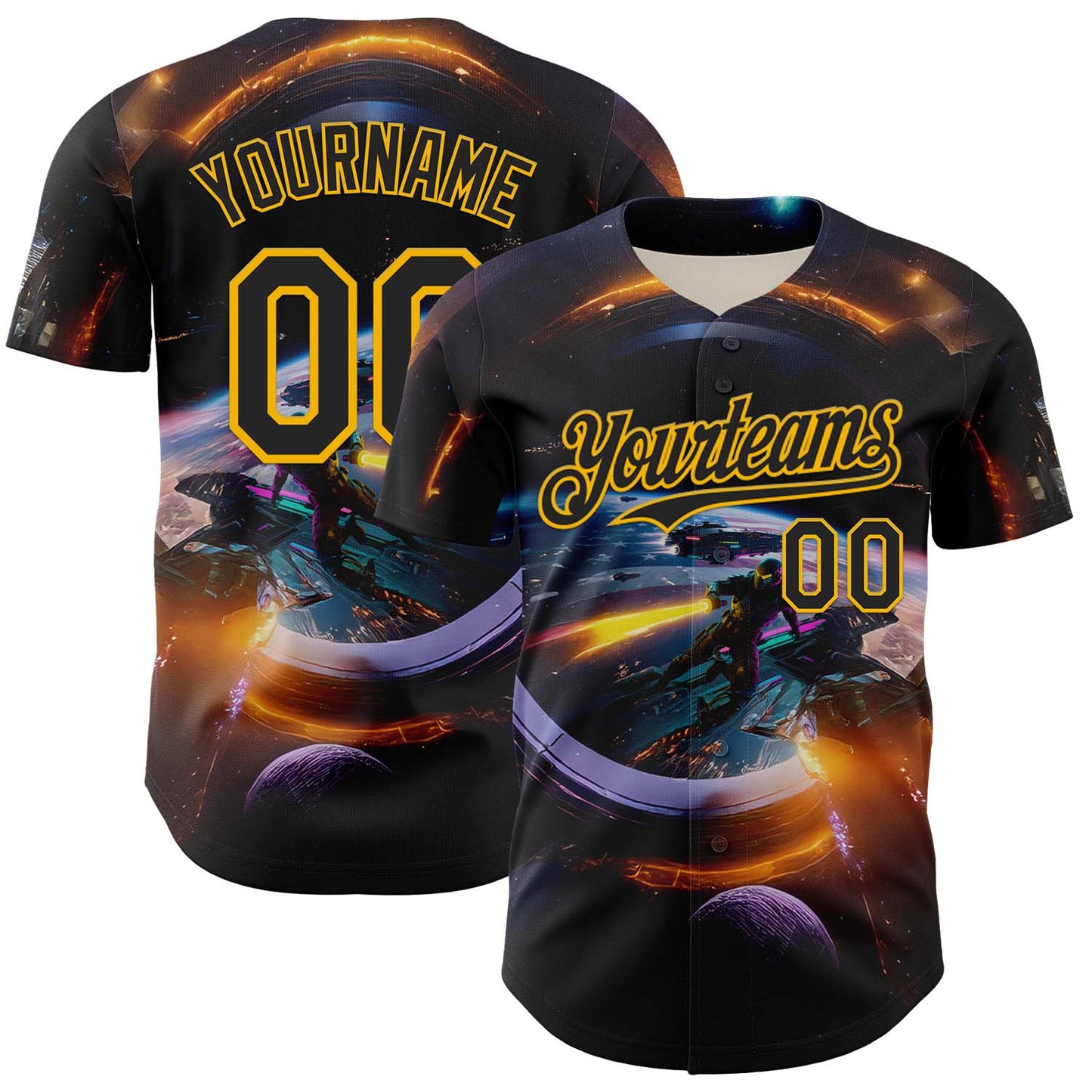 Custom Black Gold 3D Pattern Design Outer Space Light Swords Starships Authentic Baseball Jersey - Main View