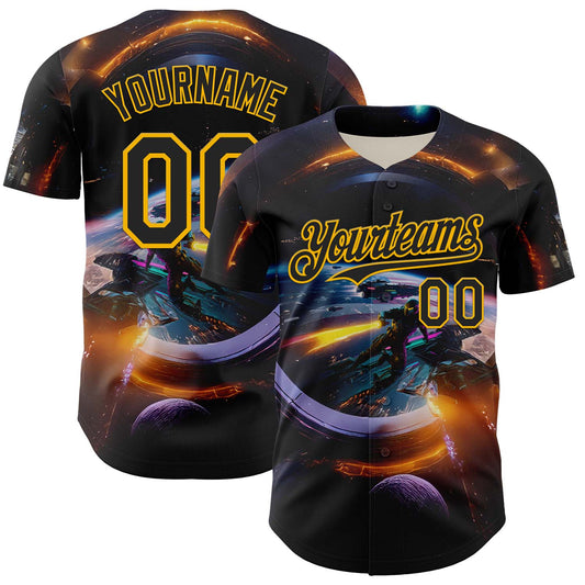Custom Black Gold 3D Pattern Design Outer Space Light Swords Starships Authentic Baseball Jersey - Main View
