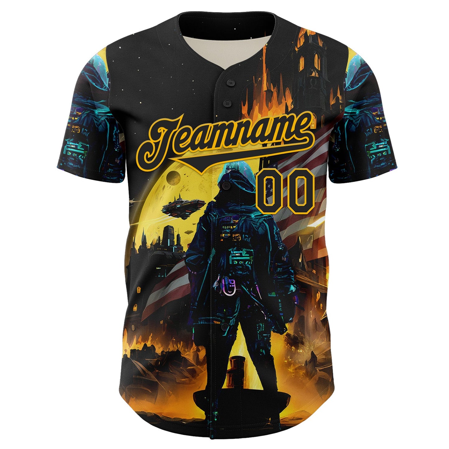 Custom Black Gold 3D Pattern Design Outer Space Starships American Flag Authentic Baseball Jersey view 2