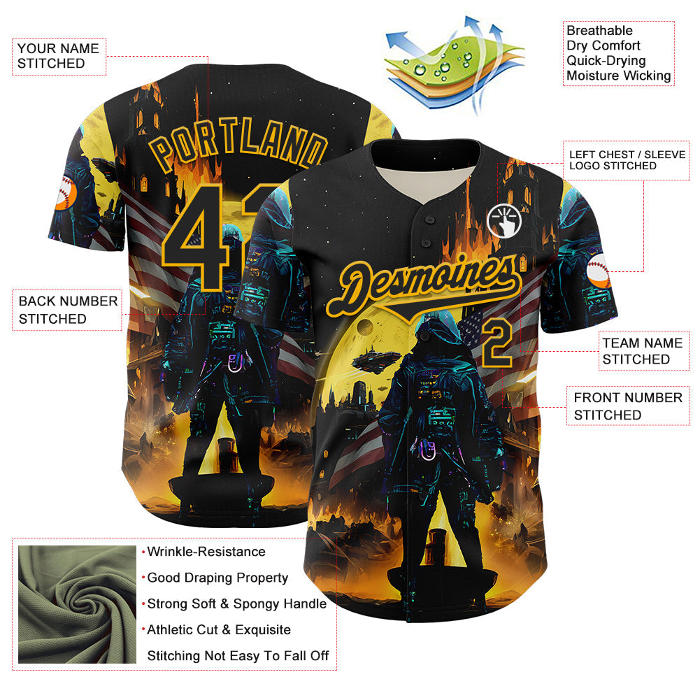 Custom Black Gold 3D Pattern Design Outer Space Starships American Flag Authentic Baseball Jersey view 3