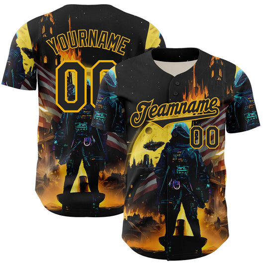 Custom Black Gold 3D Pattern Design Outer Space Starships American Flag Authentic Baseball Jersey - Main View