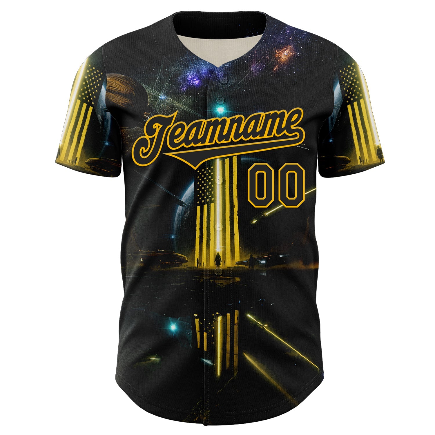 Custom Black Gold 3D Pattern Design Outer Space Light Swords American Flag Authentic Baseball Jersey view 2