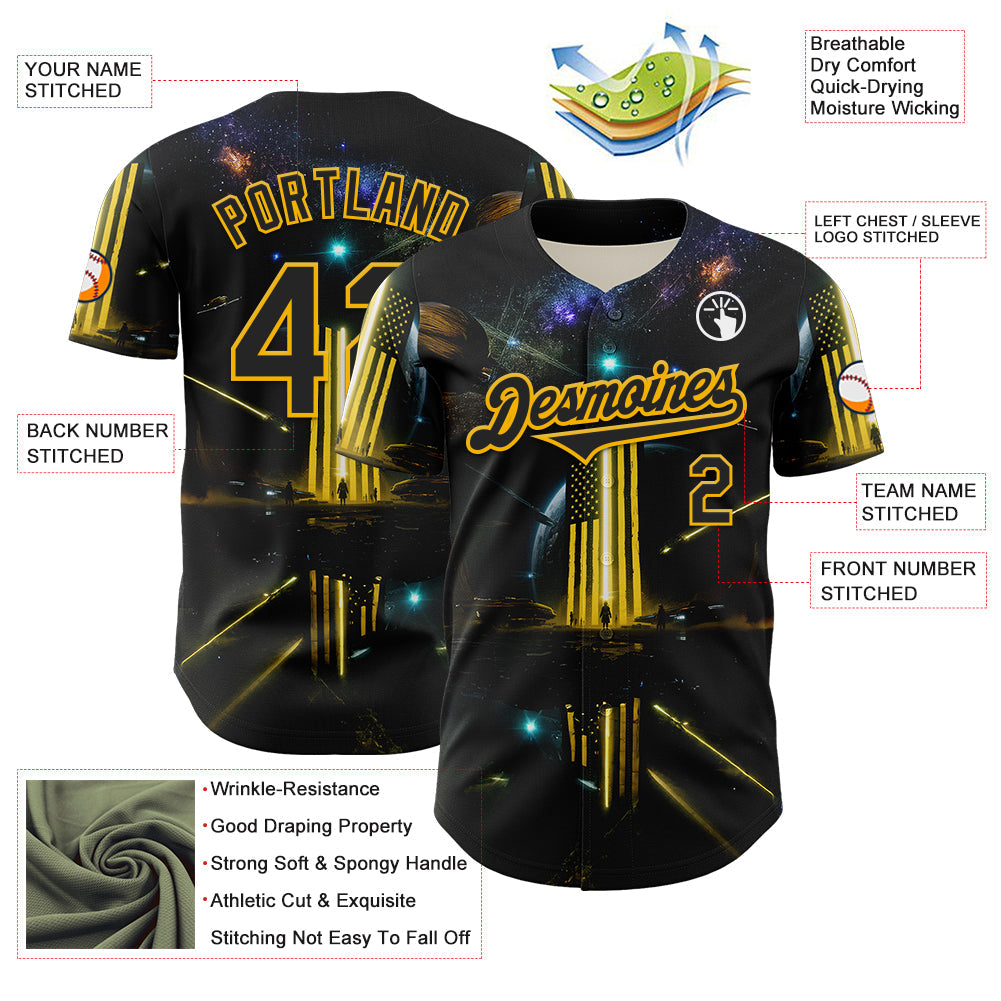 Custom Black Gold 3D Pattern Design Outer Space Light Swords American Flag Authentic Baseball Jersey view 3