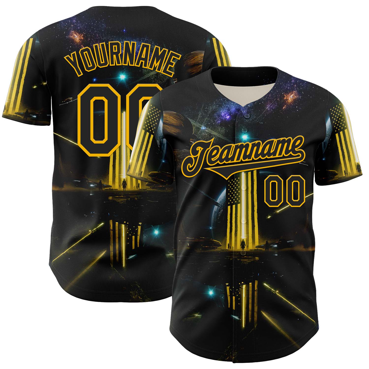 Custom Black Gold 3D Pattern Design Outer Space Light Swords American Flag Authentic Baseball Jersey - Main View