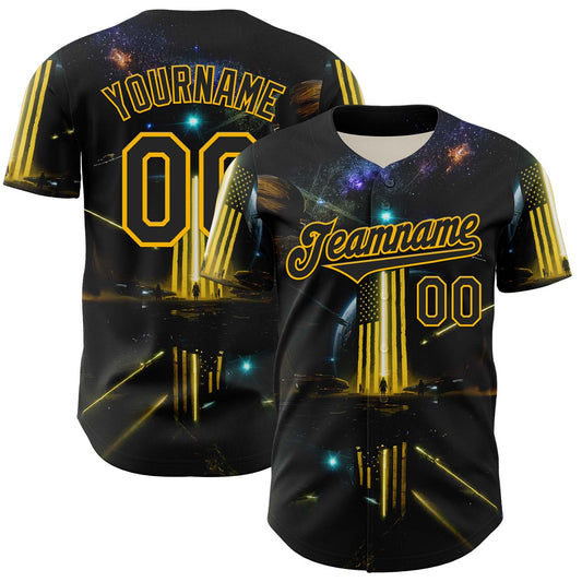 Custom Black Gold 3D Pattern Design Outer Space Light Swords American Flag Authentic Baseball Jersey - Main View