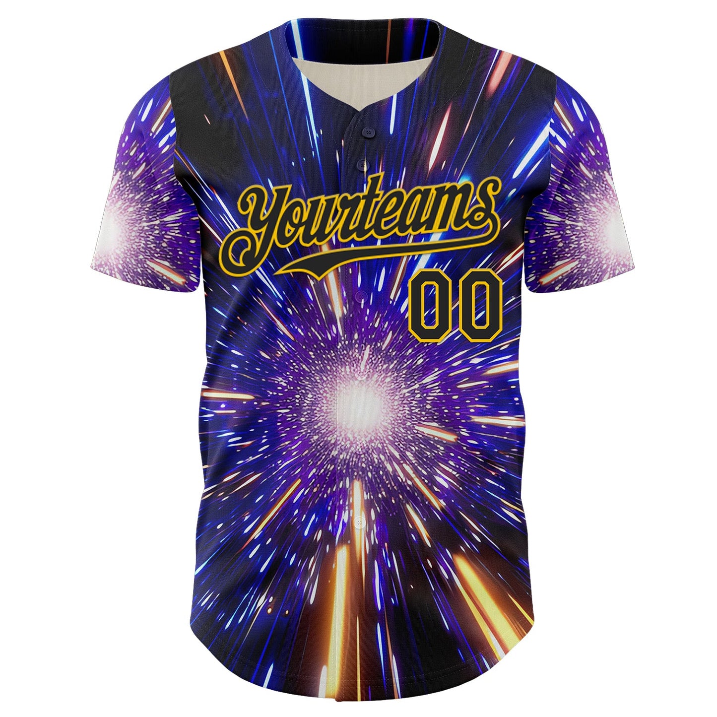 Custom Blue Black-Yellow 3D Pattern Design Outer Space Time Travel Authentic Baseball Jersey view 2
