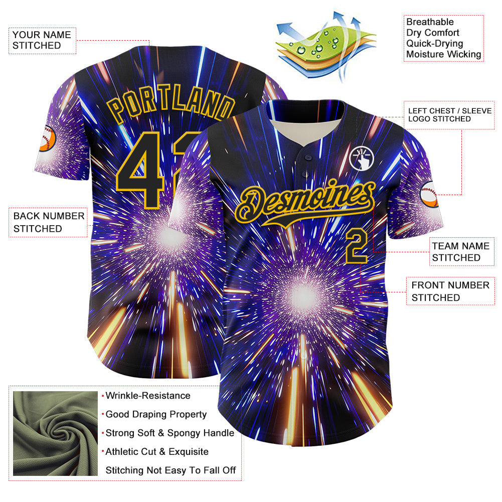 Custom Blue Black-Yellow 3D Pattern Design Outer Space Time Travel Authentic Baseball Jersey view 3