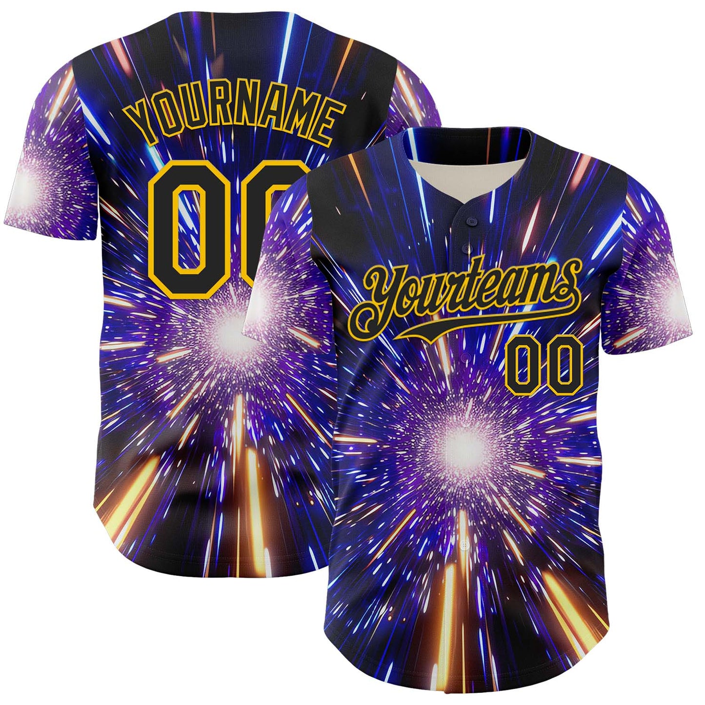 Custom Blue Black-Yellow 3D Pattern Design Outer Space Time Travel Authentic Baseball Jersey - Main View