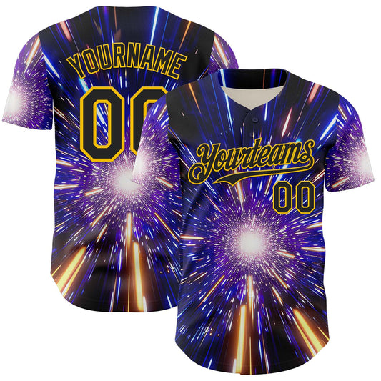 Custom Blue Black-Yellow 3D Pattern Design Outer Space Time Travel Authentic Baseball Jersey - Main View
