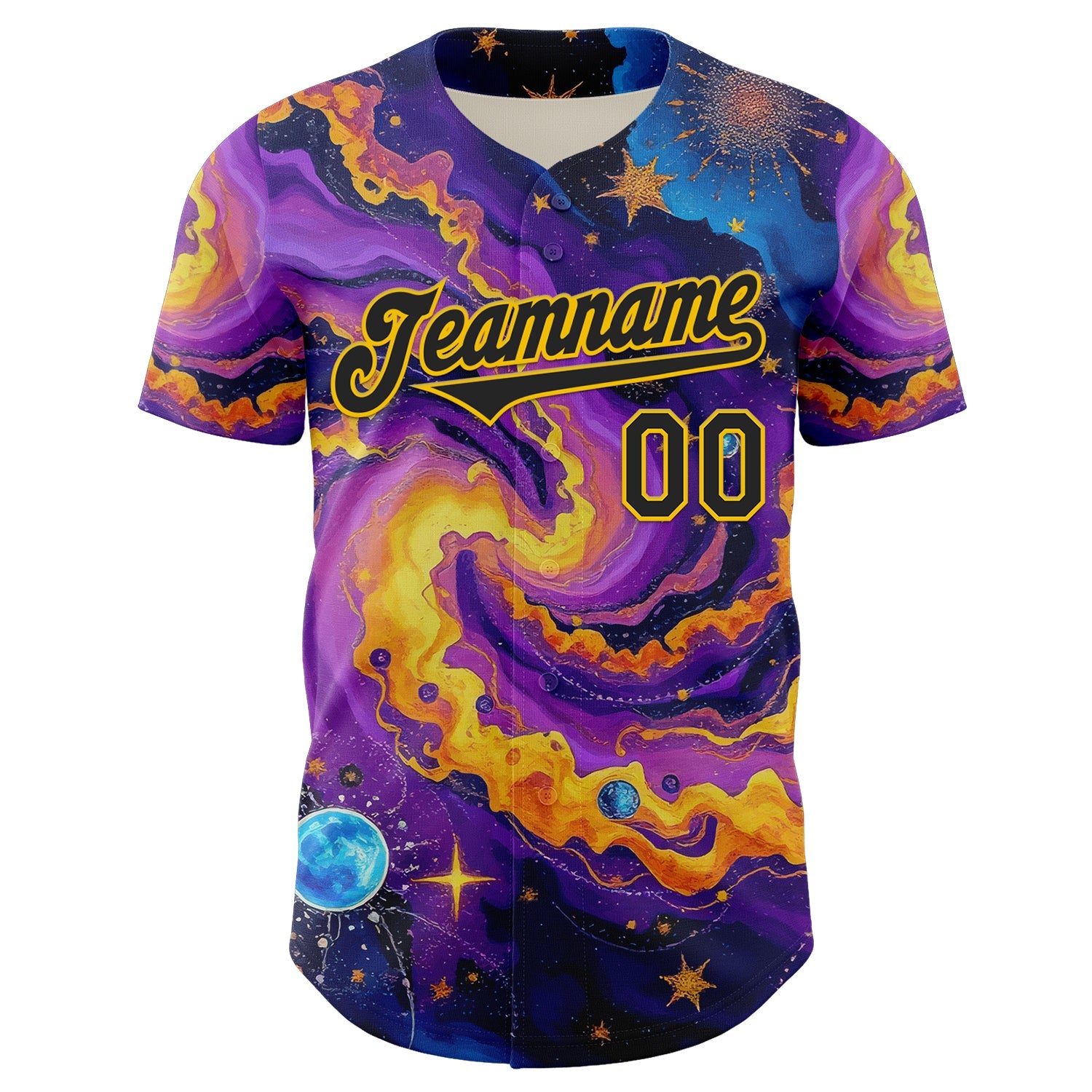 Custom Purple Black-Yellow 3D Pattern Design Outer Space Galaxy Authentic Baseball Jersey view 2