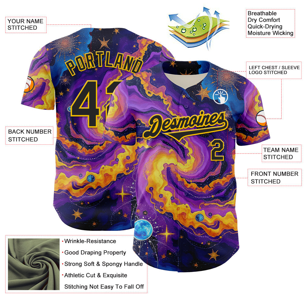 Custom Purple Black-Yellow 3D Pattern Design Outer Space Galaxy Authentic Baseball Jersey view 3