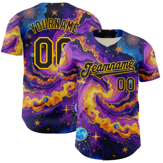 Custom Purple Black-Yellow 3D Pattern Design Outer Space Galaxy Authentic Baseball Jersey - Main View